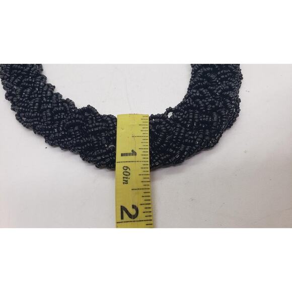 Black Glass Bead Multi Strand Braided Necklace Chunky Wide Twist Collar Choker - Picture 8 of 10